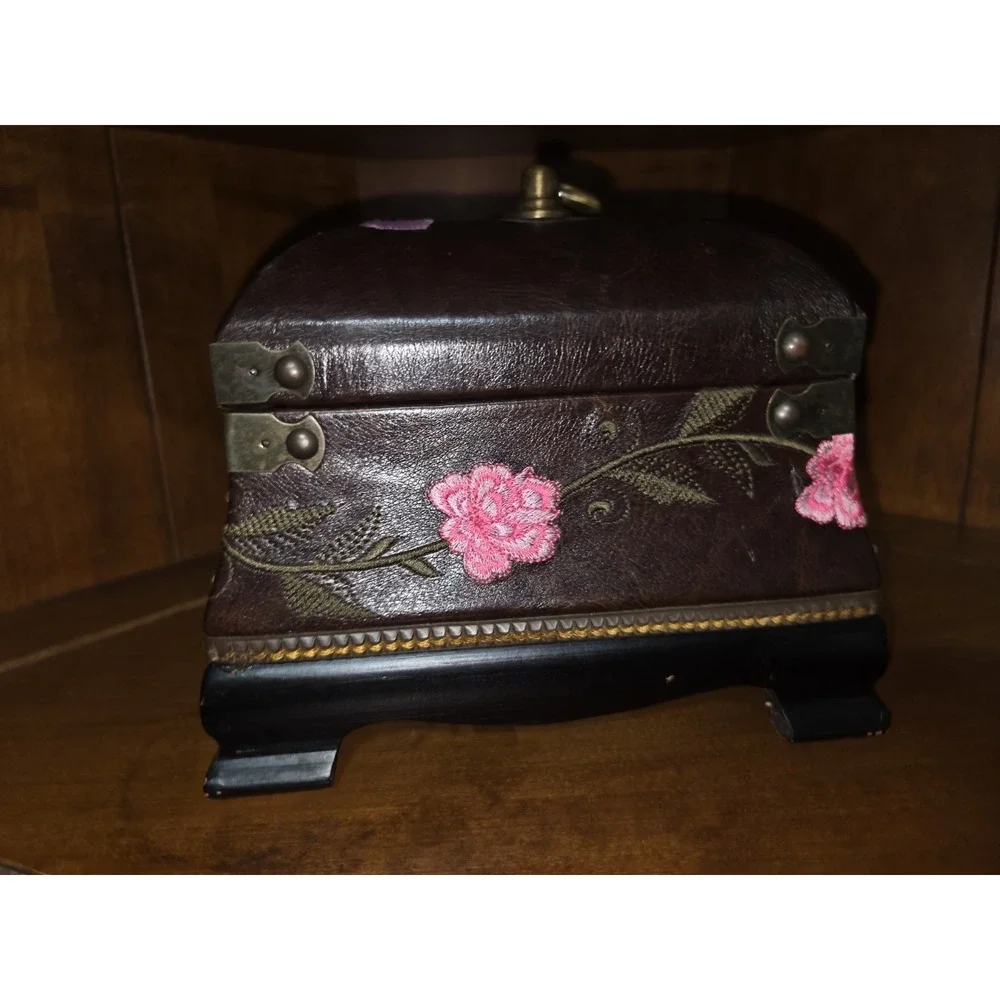 Brown Faux Leather Floral Decorative Box with Embroidered Flowers